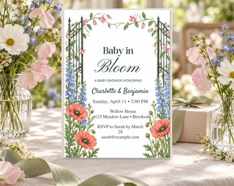 Invitación para baby shower con temática de jardín y flores, plantilla editable de Canva, 5x7
