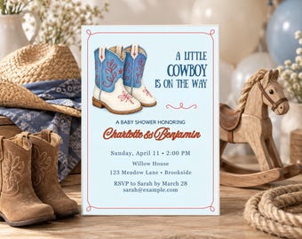 Invitación para baby shower con temática del Oeste, plantilla editable de botas vaqueras para Canva