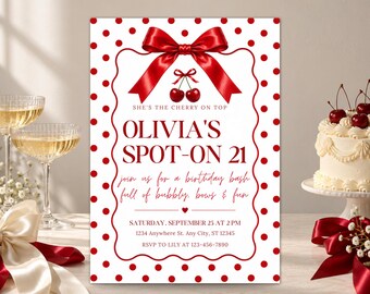 Invitación de cumpleaños número 21 perfecta / Plantilla de Canva Red Cherry Coquette