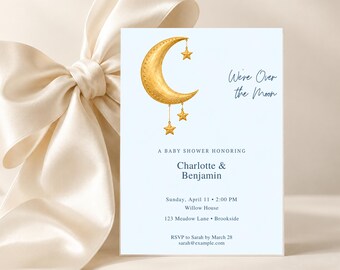 Golden Wish Moon Baby Shower Invitation, Over the Moon & Celestial Theme, Editable Canva Template, 5x7