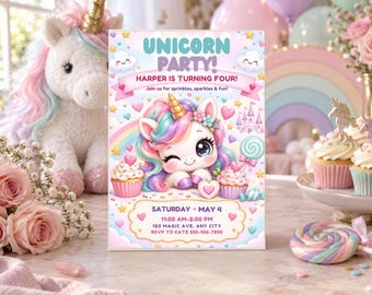Invitación de cumpleaños de unicornio para el 4.º cumpleaños, plantilla editable de Canva con diseño de caramelos en tonos pastel.