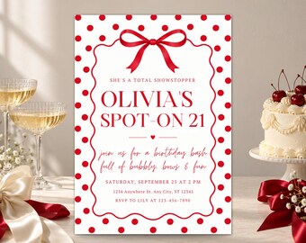 Spot-On 21st Birthday Invitation | Red Bow Coquette Polka Dot Canva Template