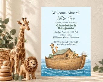 Invitación para baby shower con temática del Arca de Noé, plantilla editable de Canva Two by Two