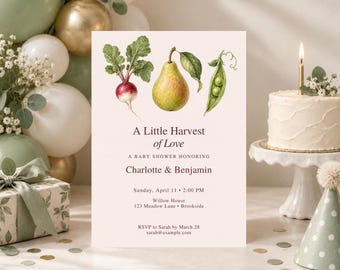 Invitación para baby shower con temática de cosecha botánica, productos locales y mercado de agricultores, plantilla editable de Canva, 5x7
