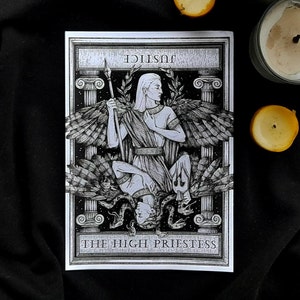 Carte de Tarot Méduse, Gravure d’illustration de la mythologie grecque, Affiche d’art mural, Athéna et Méduse Gorgone, Justice et dessin de la Grande Prêtresse