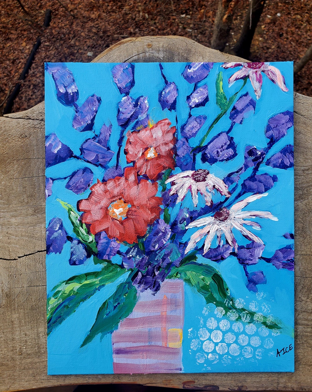 Original Artwork, Acrylic Painting, Abstract Flower Bouquet Canvas Board, Free Shipping, 8 X 10