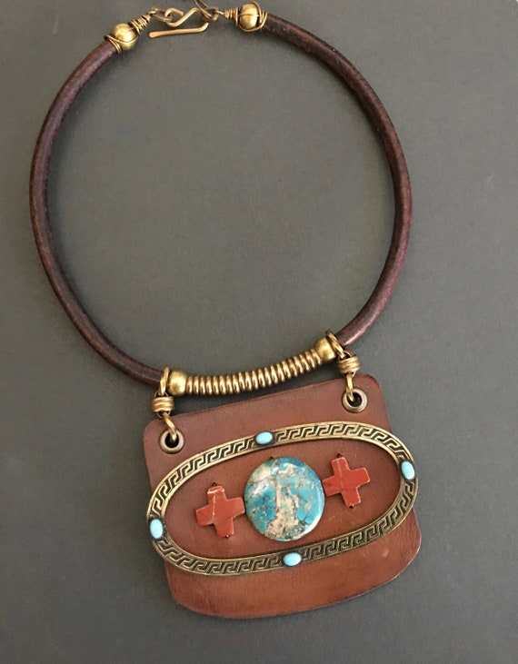 Leather necklace with Victorian buckle, turquoise and red jasper