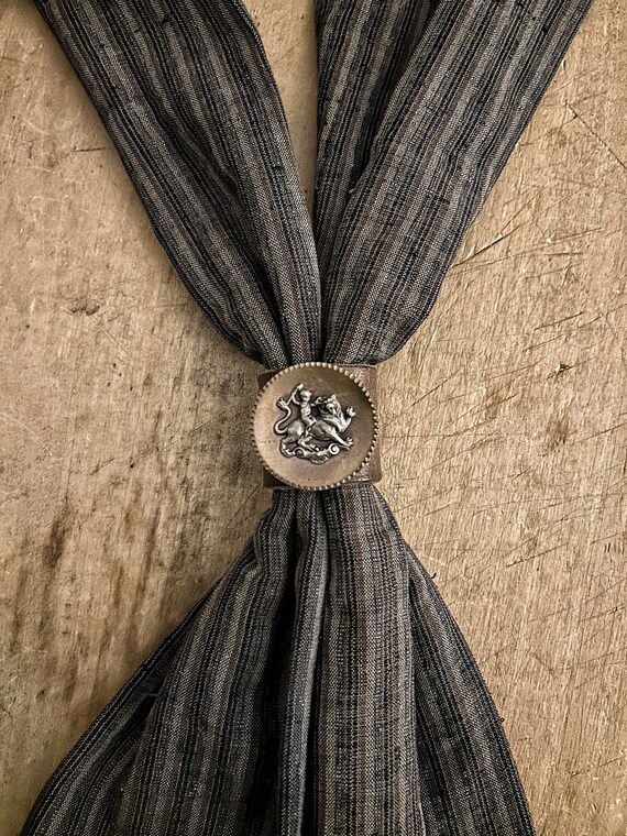 His-or-hers kerchief from vintage Japanese handwoven cotton, with Victorian brass button slide
