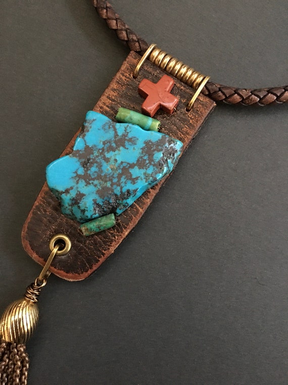 Rustic braided leather necklace with Nacozari turquoise slab