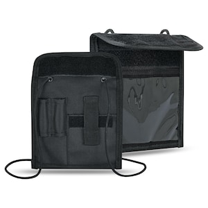 May include: Black tactical pouch with a clear ID window, multiple pockets, and a drawstring closure. The pouch has a flap that can be secured with hook and loop fasteners.