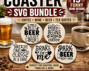 Coaster SVG Bundle PNG | Roliga kaffe, vin, öl, te, citat | Köks- och dryckesdesigner | Sublimerings-POD-filer