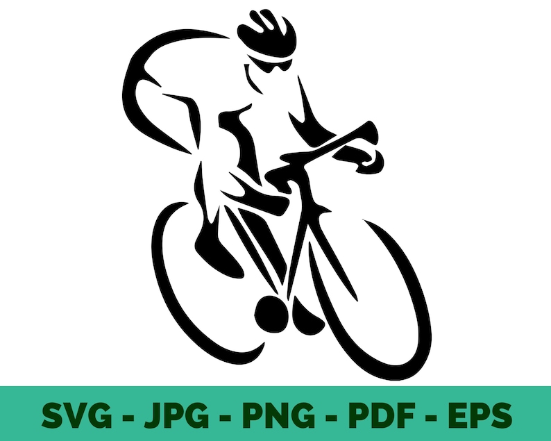 Puede incluir: Silueta en blanco y negro de un ciclista montando una bicicleta. El ciclista lleva un casco y est&aacute; en posici&oacute;n de carrera.