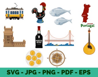 Paquete SVG de viaje de Portugal, mapa de gallo, vino, clipart portugués, PNG, PDF, descarga digital para Cricut