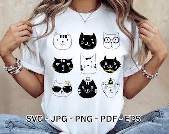 Kawaii Black Cat Face SVG | Cute Cat Clipart Bundle | Vector Design Cricut Sublimation Digital Download