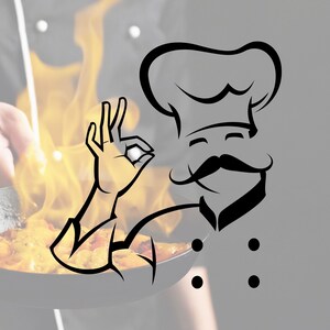 May include: A black and white illustration of a chef giving a thumbs up with a pan of food in the background.