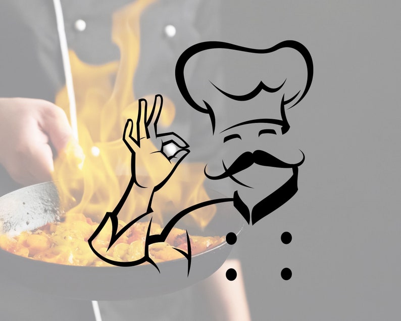 May include: A black and white illustration of a chef giving a thumbs up with a pan of food in the background.