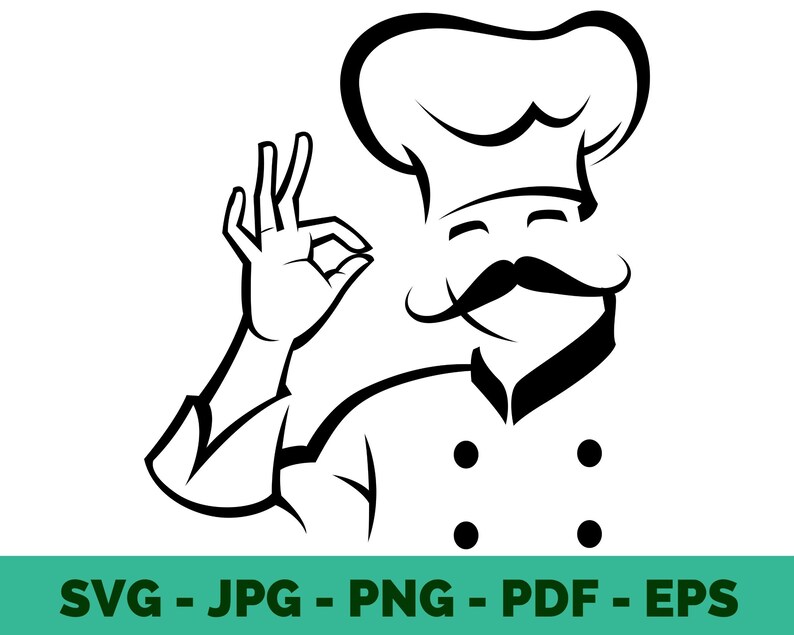 May include: A black and white illustration of a chef with a toque, smiling and giving a thumbs up. The chef is wearing a traditional chef's uniform with buttons.