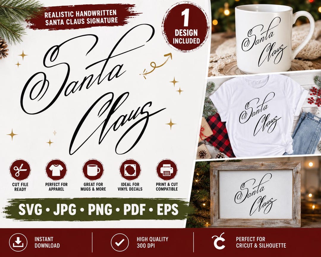 【直筆サイン★レア】SANTAセット Santa Claus Signature SVG Realistic Script Handwritten, Christmas