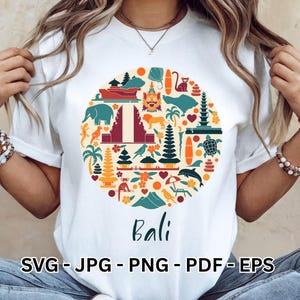 Paquete SVG de Bali, Indonesia / Diseños de imágenes prediseñadas tropicales, Templo de las palmeras, Bosque de monos / Descarga instantánea de Cricut para sublimación, uso comercial