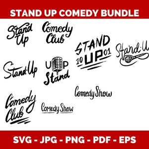 Puede incluir: Un conjunto de 10 ilustraciones vectoriales en blanco y negro de logotipos de comedia stand-up. Los logotipos incluyen texto como "Stand Up", "Comedy Club", "Stand Up 10", "Comedy Show" y "Stand Up 01".