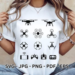 Paquete SVG de dron / Iconos clipart de cámara cuadricóptero / Descarga digital de sublimación PNG de control remoto vectorial