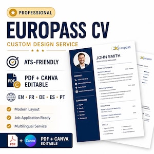 Servicio europeo de diseño de CV / Currículum personalizado compatible con sistemas ATS para solicitudes de empleo / Servicio Europass
