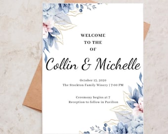 Blue Floral Wedding Program Template, Blue Wildflower Wedding Program Template, Editable Wedding Program Template Download