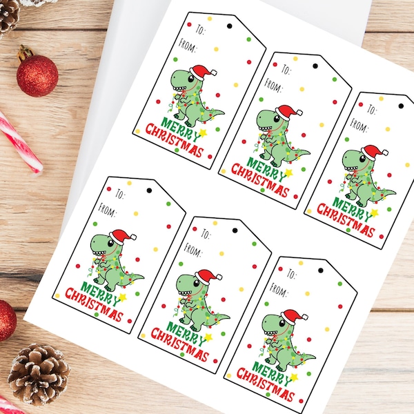 Dinosaur Printable Christmas gift tags, Instant Download, Christmas favor tags, Digital, School party gift tags, Message for custom options