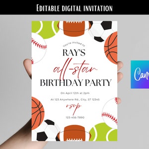 Sports Birthday Invitation, Editable Invite, Digital Download, All Star Birthday, Basketball Invite, Soccer Party, Football Invitation, DIY