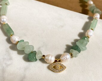 Chic Evil Eye & Aventurine Gemstone Necklace with Pearl Detail