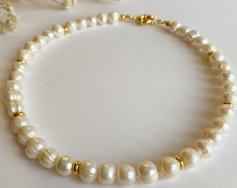 Natural Pearl Choker Necklace, Gold Detailed Pearl Necklace, Real Pearl Choker