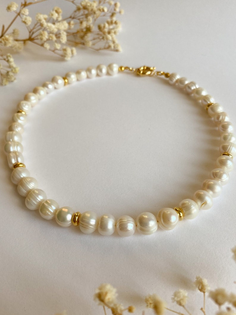 Natural Pearl Choker Necklace, Gold Detailed Pearl Necklace, Real Pearl Choker image 1