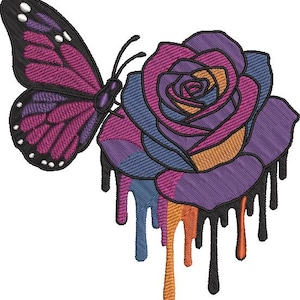 May include: An embroidered design of a butterfly and a rose. The butterfly has black and purple wings with white dots. The rose is purple, blue, and orange with black dripping accents. The design is on a white background.