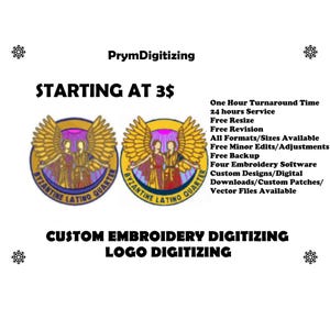 May include: Image features two circular logo designs with a gold winged figure and the text "BYZANTINE LATINO QUARTER." The text "STARTING AT 3$" and "CUSTOM EMBROIDERY DIGITIZING LOGO DIGITIZING" are also present. Additional text lists services.