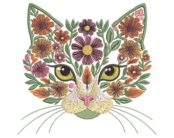 Floral Cat Machine Embroidery Design, Pastel Leaf Animal Face for Sweat & T-shirts, Cat Pattern, Pet Embroidery, Floral Animal Embroidery