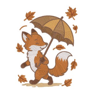 May include: An embroidered design of a smiling fox walking with an umbrella. The fox is orange and white, with a brown umbrella and is surrounded by falling autumn leaves. The design is on a white background.