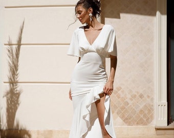 Gorgeous white maxi women's dress with ruffles and side slit. Performance dress, wedding guest dress, bridesmaid dress.