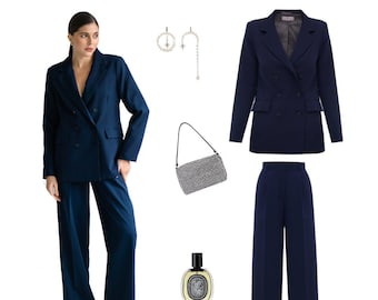 Womens formal suit blazer and palazzo pants in Dark Blue Colour. Custom pantsuit - Prom suit. Event look. Formal events suit.