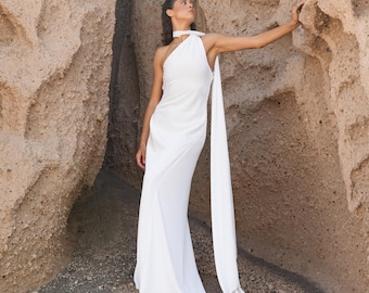 Elegant White Bridal Maxi Dress With Scarf - Simple Wedding Long Dress -  Classic Reception or Elopement Floor Lenth Gown - Etsy