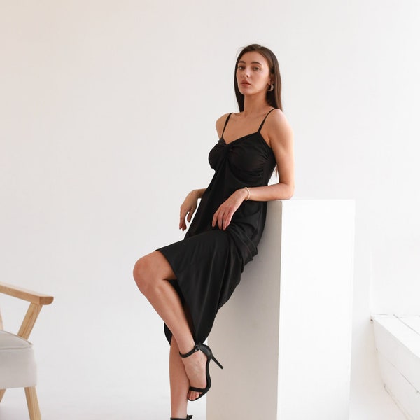 Black midi dress. Spaghetti strap V-neck slip gown. Calf-length casual long sundress with narrow straps - Spring/summer evening dress