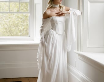 Abito da sposa in stile romantico ALBA. Corsetto avorio e gonna lunga in chiffon. Abito da sposa a maniche lunghe. Abito da sposa in chiffon. Abito da sposa