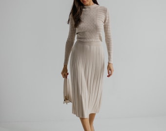 Beige Knit Sweater Dress: Midi Cotton Pleated Skirt