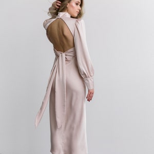 Midi Ivory silk backless dress for event. Silk turtleneck dress with open back midi.Graduation dress. Wedding dress. White backless dress.