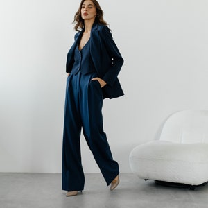 Navy Blue classic pantsuit. Dark Blue formal three piece women's suit. 3-piece set Jacket vest and palazzo trousers.Office matching set.
