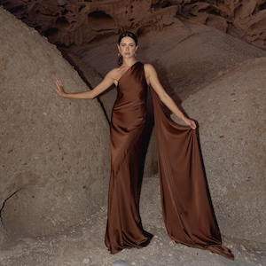 Satin Silk Maxi dress. Brown Satin Maxi Dress KRISTEN.Backless silk dress.Brown Wedding guest dress.Brown Bridesmaids&#39; dress.Open back dress