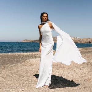 Engagement Dress KRISTEN. Bridal Maxi dress. Elopement dress. Backless white dress. Ivory Maxi Satin dress. One shoulder dress with scarf.