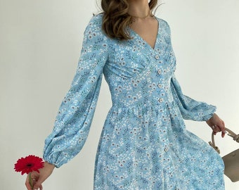 robe de soirée thé bleu fleuri vintage. Robe d'été fluide style Boho. Robe fleurie d'été. Robe midi romantique Cottagecore.