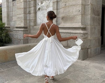 Stunning white silk dress with open back. Strappy satin circle skirt dress. V-neck briedsmaid dress midi length.  Backless event dress.