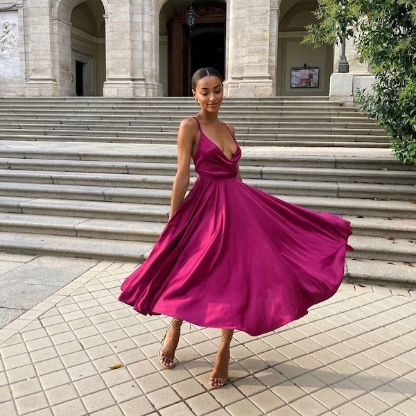 Fuchsia Pink silk dress with open back. Strappy satin circle skirt dress. V-neck briedsmaid dress midi length.  Backless event dress.