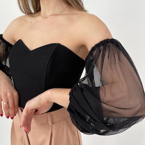 Off-Shoulder Black Corset Top: Chiffon Bustier with Linen